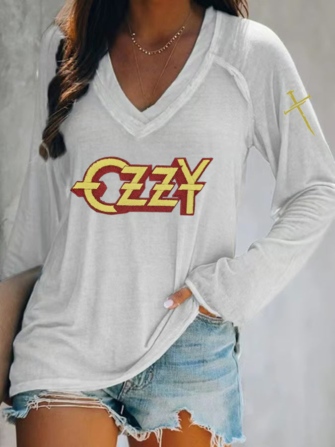 RIP Ozzy Osbourne Print V-Neck Long Sleeve Top