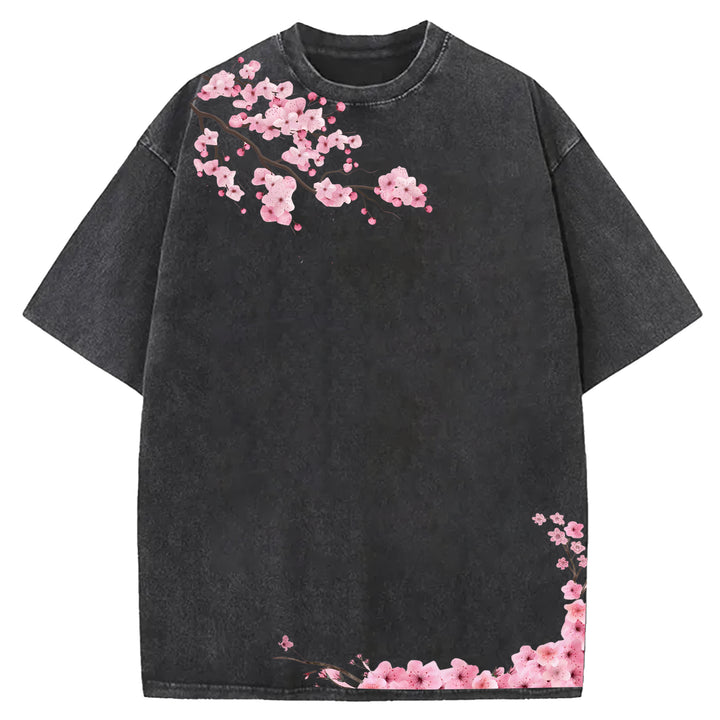Japanese Art Cherry Blossoms Design Washed Crew Neck T-Shirt