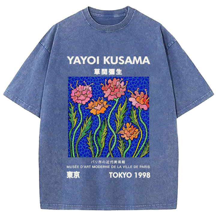 Yayoi Kusama Flower Vintage Japanese Design Washed Crew Neck T-Shirt