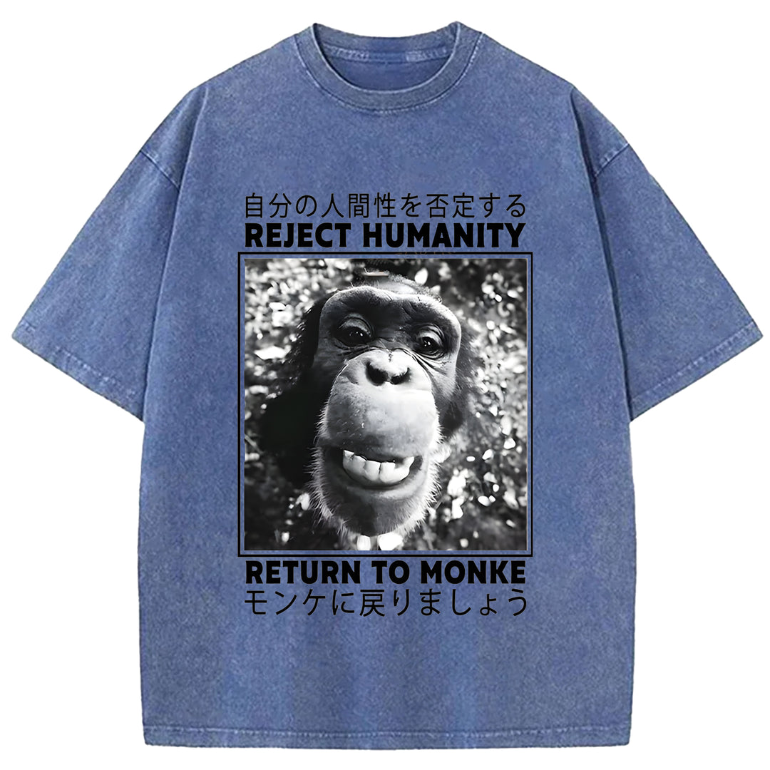 Funny Back To Monkey Washed Crew Neck T-Shirt