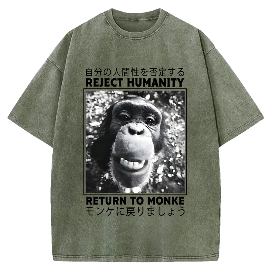 Funny Back To Monkey Washed Crew Neck T-Shirt
