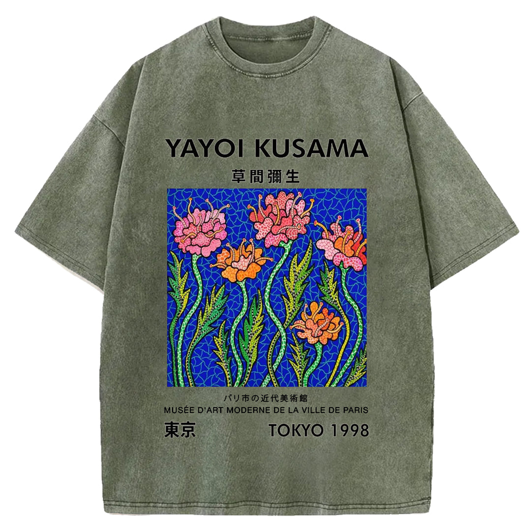 Yayoi Kusama Flower Vintage Japanese Design Washed Crew Neck T-Shirt