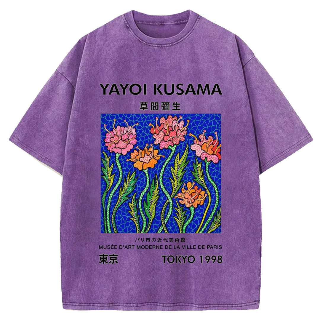 Yayoi Kusama Flower Vintage Japanese Design Washed Crew Neck T-Shirt