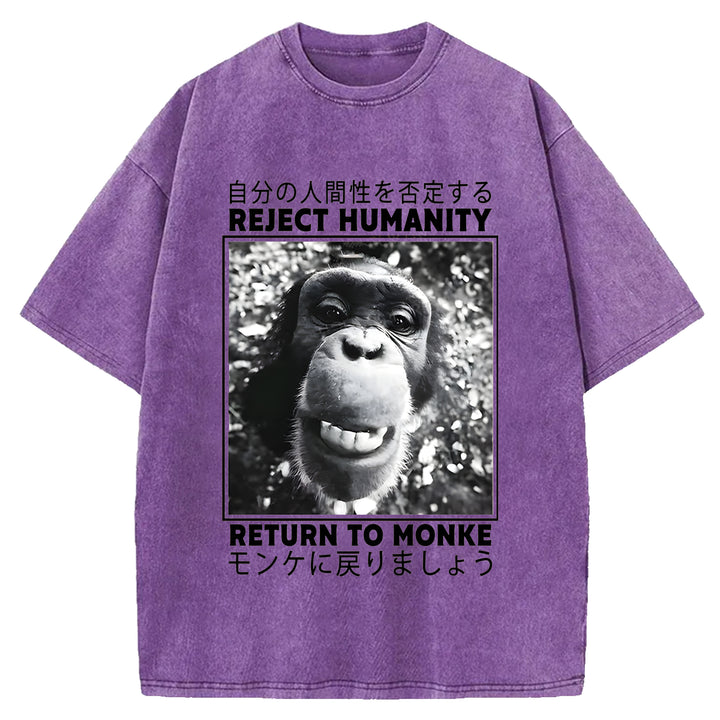 Funny Back To Monkey Washed Crew Neck T-Shirt