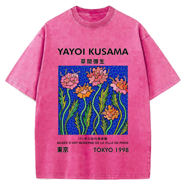 Yayoi Kusama Flower Vintage Japanese Design Washed Crew Neck T-Shirt