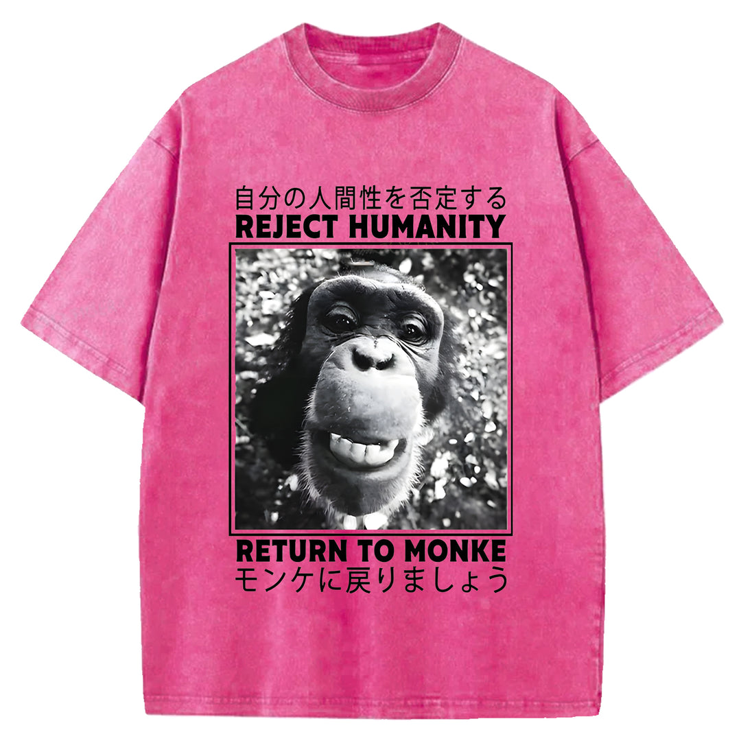 Funny Back To Monkey Washed Crew Neck T-Shirt