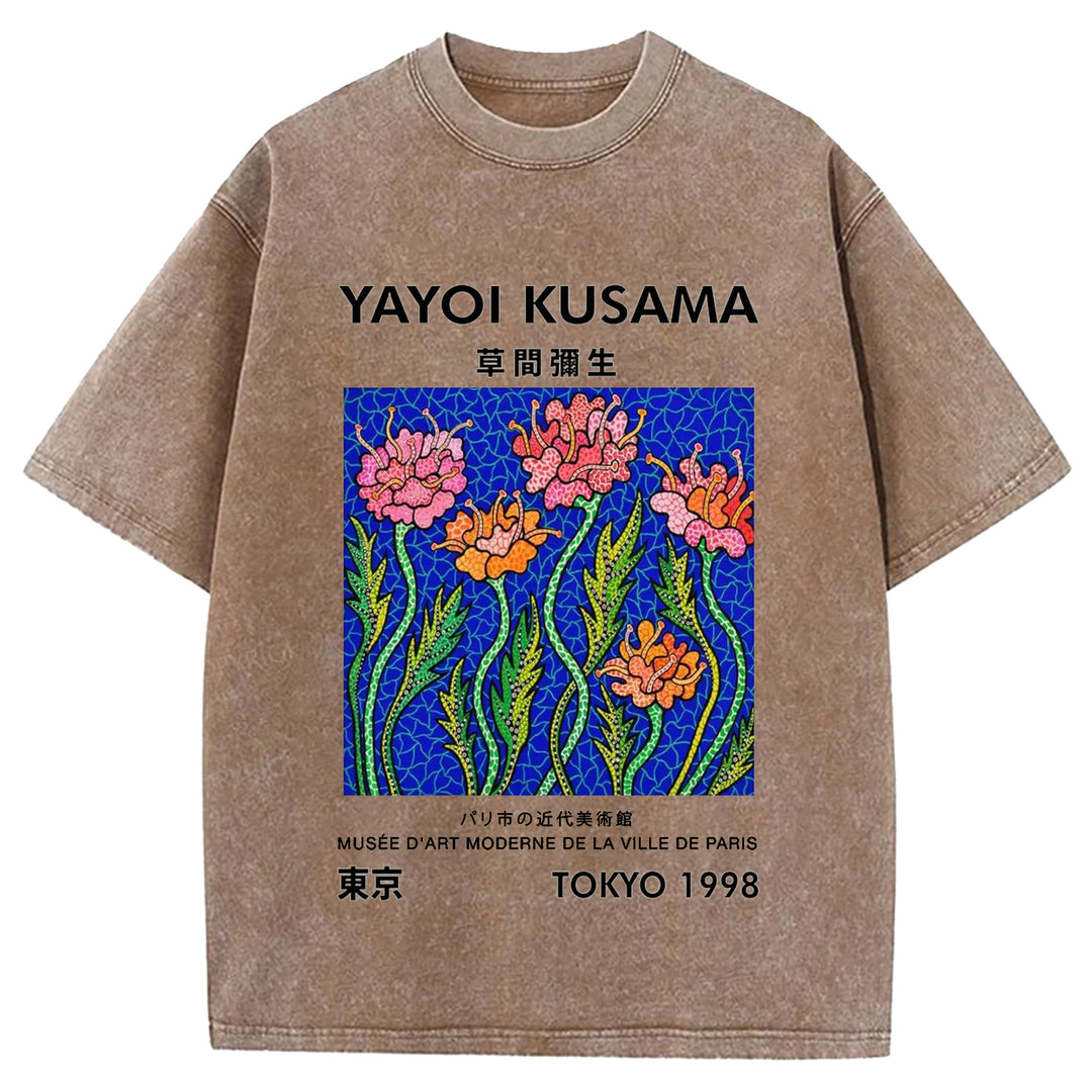 Yayoi Kusama Flower Vintage Japanese Design Washed Crew Neck T-Shirt