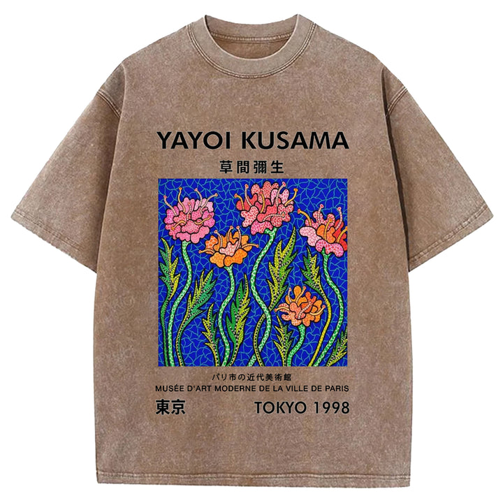 Yayoi Kusama Flower Vintage Japanese Design Washed Crew Neck T-Shirt