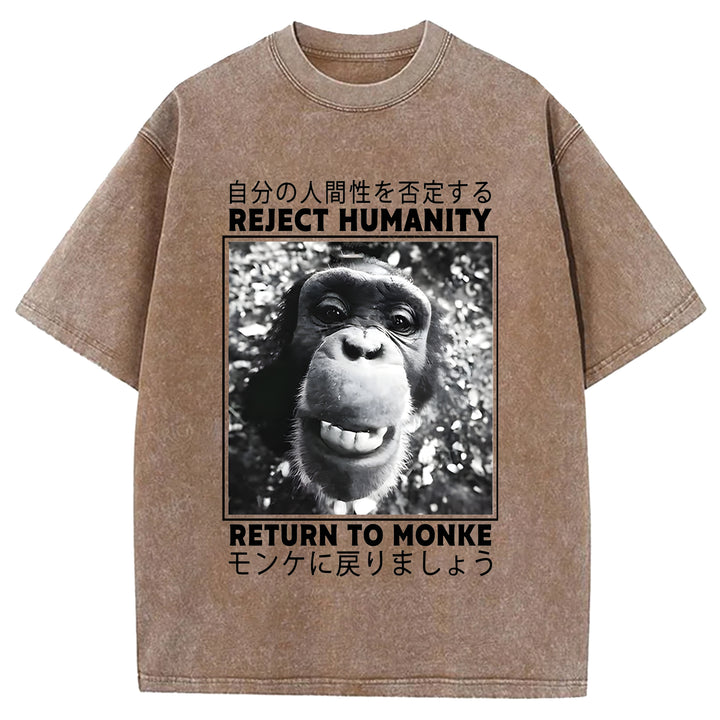 Funny Back To Monkey Washed Crew Neck T-Shirt
