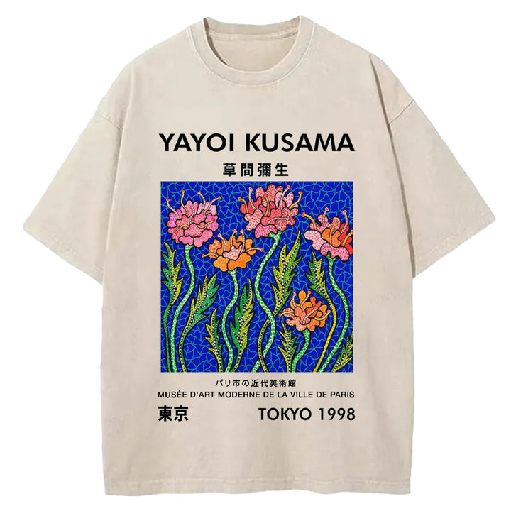 Yayoi Kusama Flower Vintage Japanese Design Washed Crew Neck T-Shirt