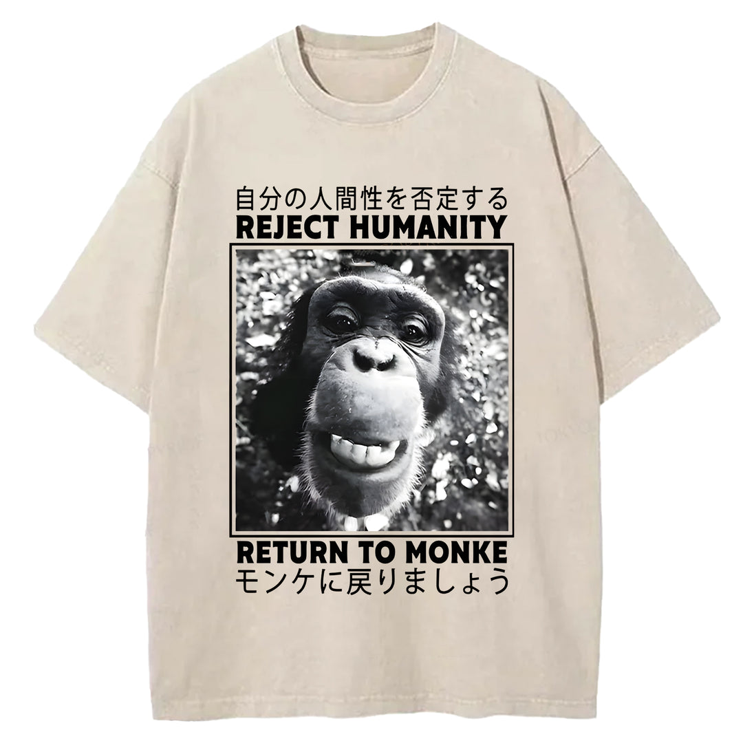 Funny Back To Monkey Washed Crew Neck T-Shirt
