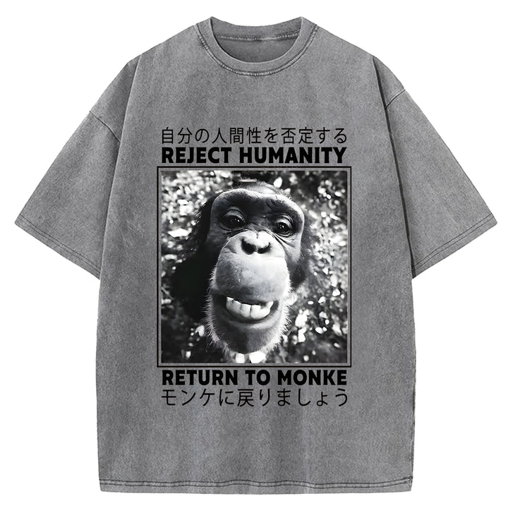 Funny Back To Monkey Washed Crew Neck T-Shirt