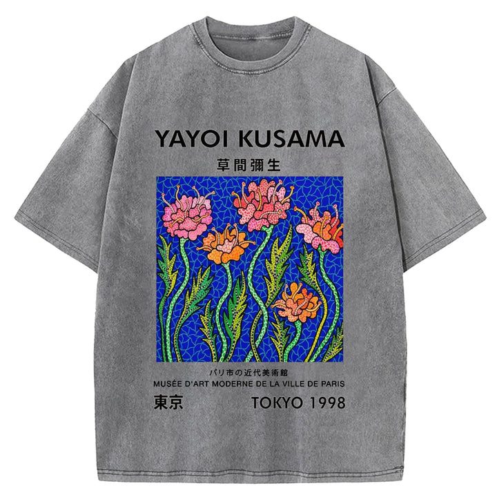 Yayoi Kusama Flower Vintage Japanese Design Washed Crew Neck T-Shirt