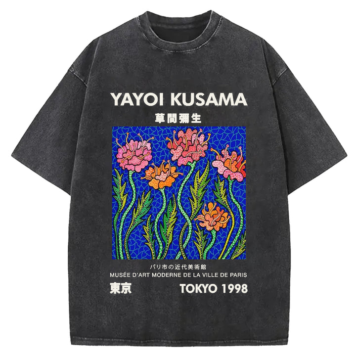Yayoi Kusama Flower Vintage Japanese Design Washed Crew Neck T-Shirt
