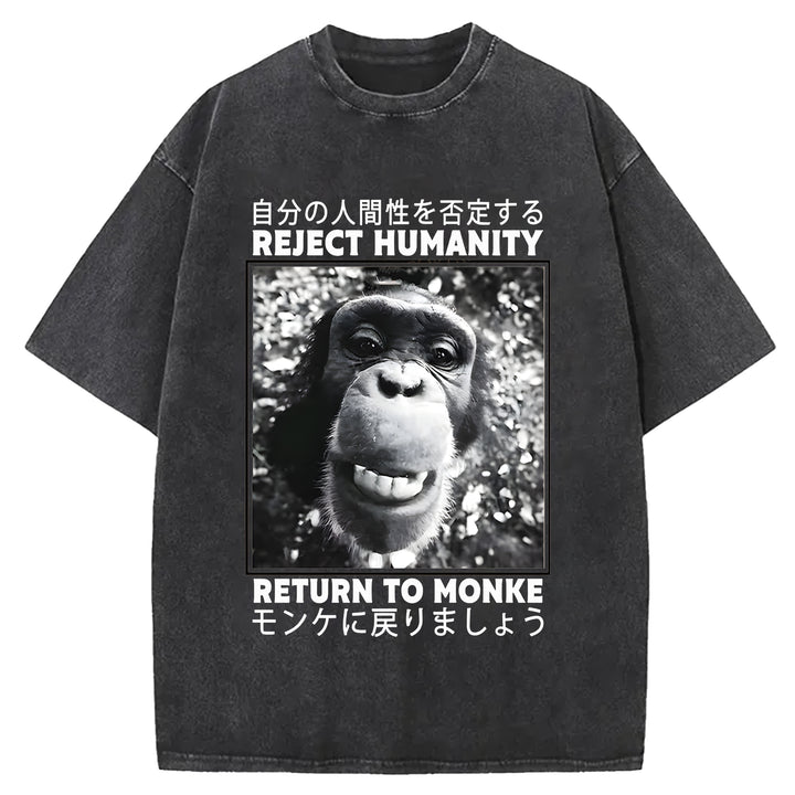 Funny Back To Monkey Washed Crew Neck T-Shirt