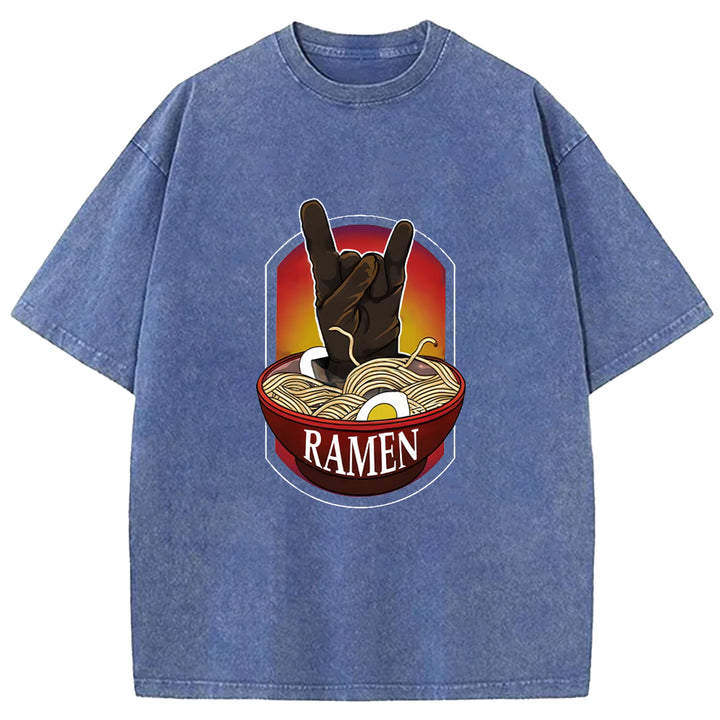 Ramen Hand Gesture Washed Crew Neck T-Shirt