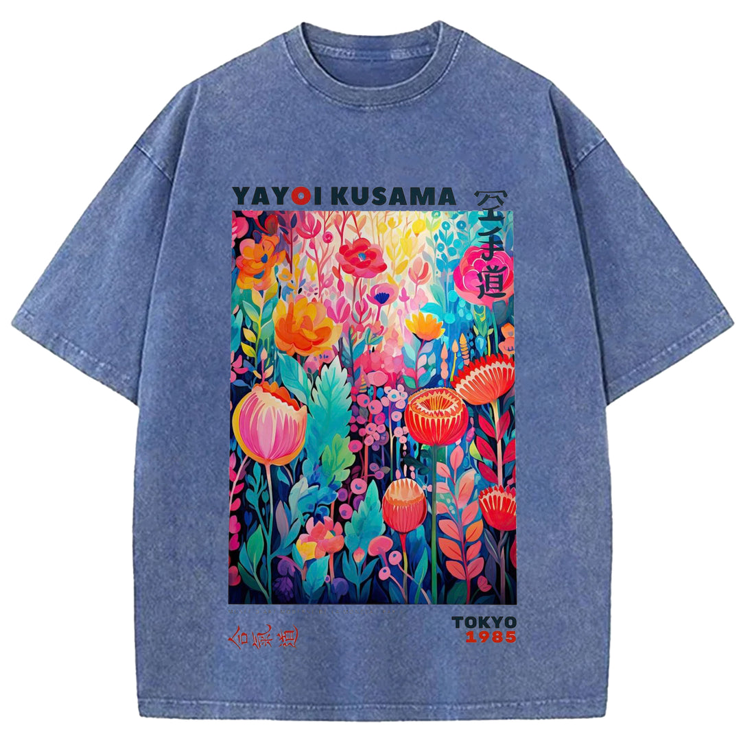 Yayoi Kusama Flower Vintage Japanese Design Washed Crew Neck T-Shirt