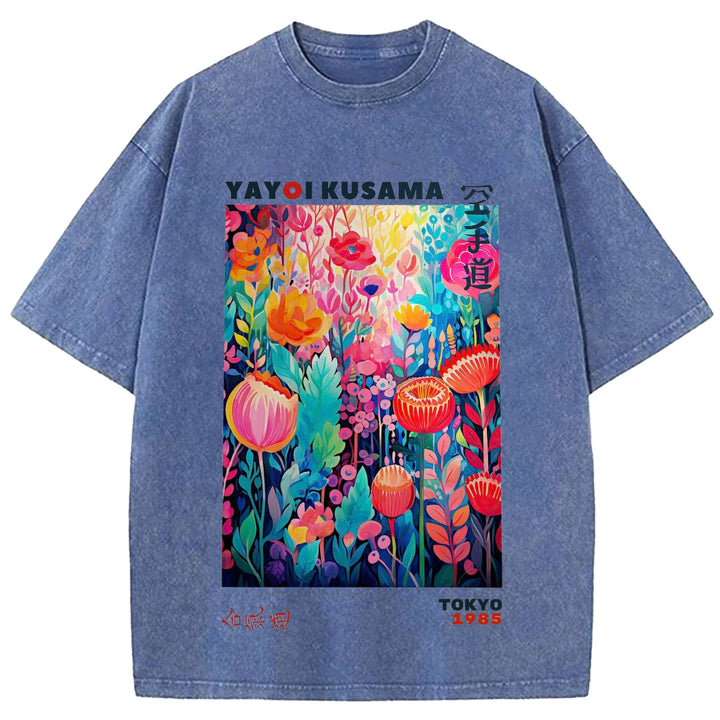 Yayoi Kusama Flower Vintage Japanese Design Washed Crew Neck T-Shirt
