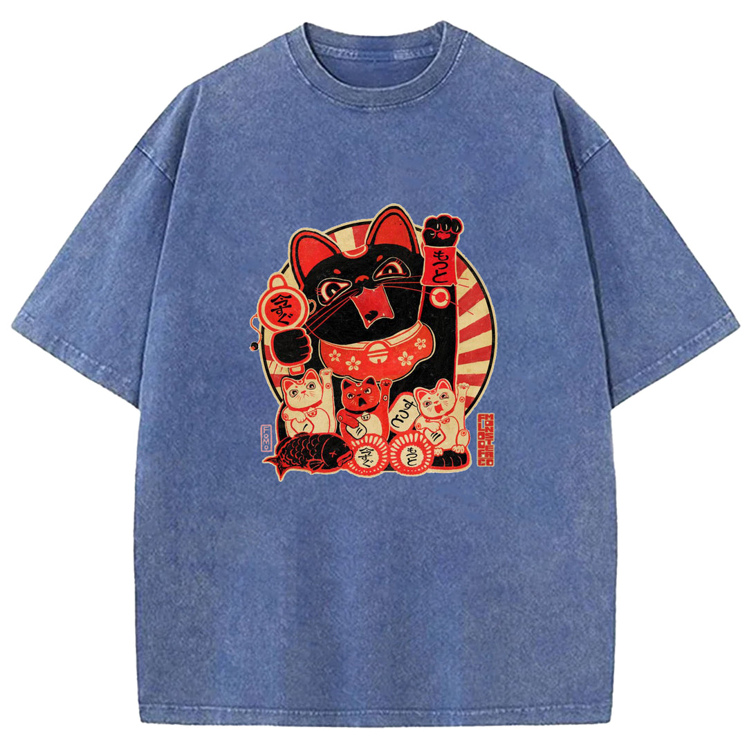 Japanese Retro Cat Washed Crew Neck T-Shirt