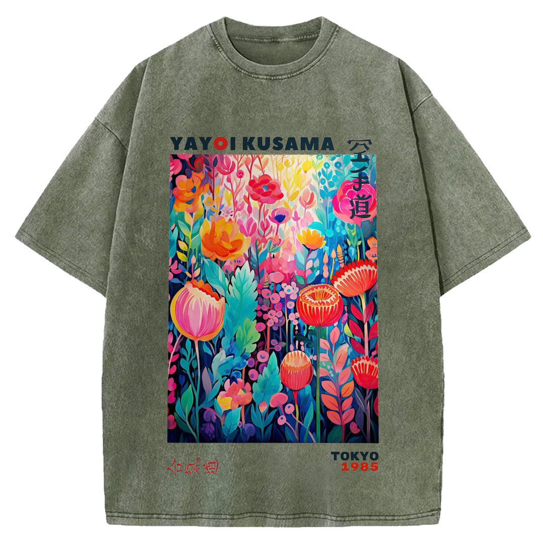 Yayoi Kusama Flower Vintage Japanese Design Washed Crew Neck T-Shirt