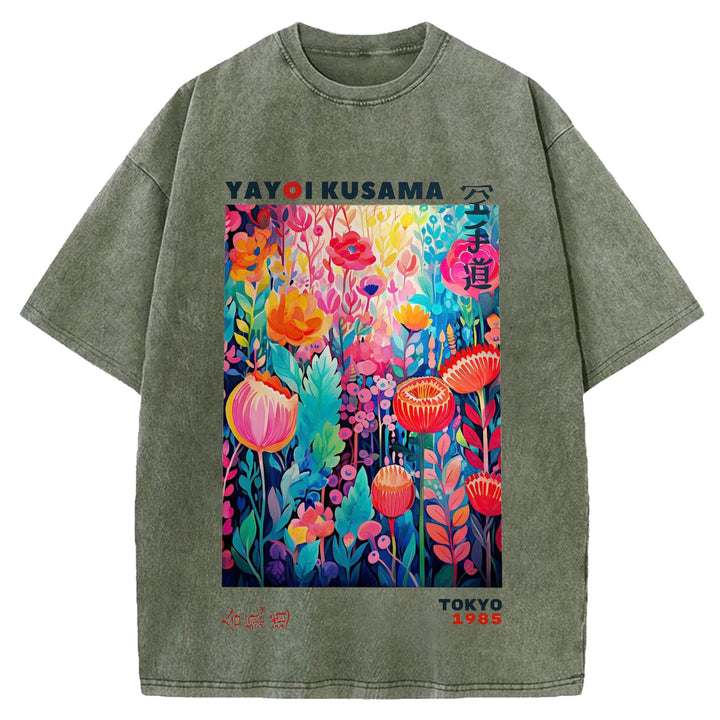 Yayoi Kusama Flower Vintage Japanese Design Washed Crew Neck T-Shirt