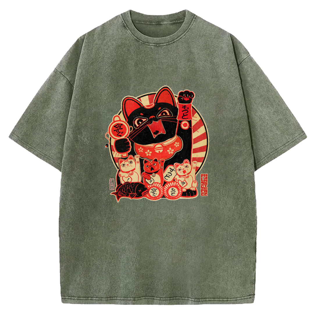 Japanese Retro Cat Washed Crew Neck T-Shirt