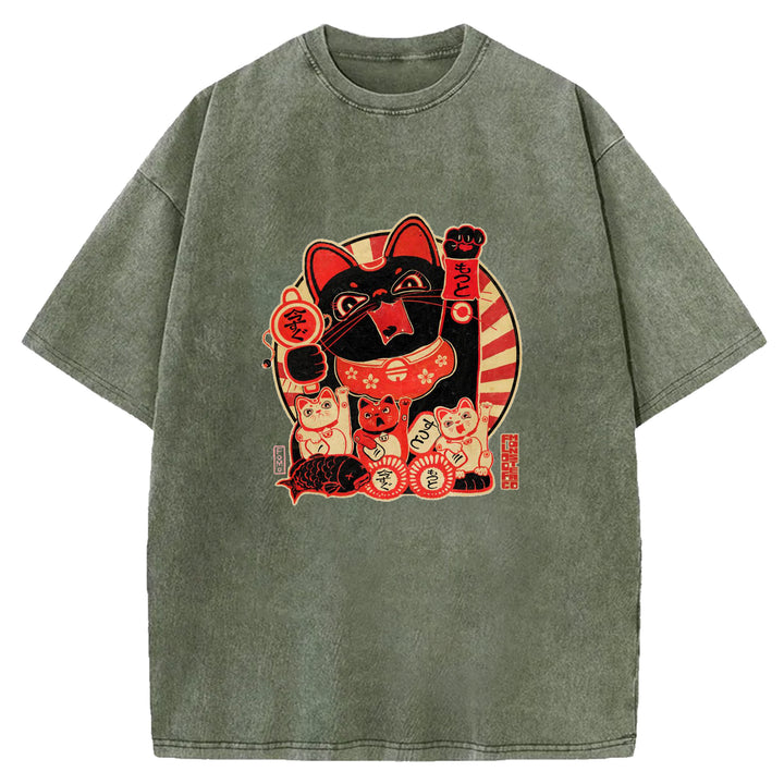 Japanese Retro Cat Washed Crew Neck T-Shirt