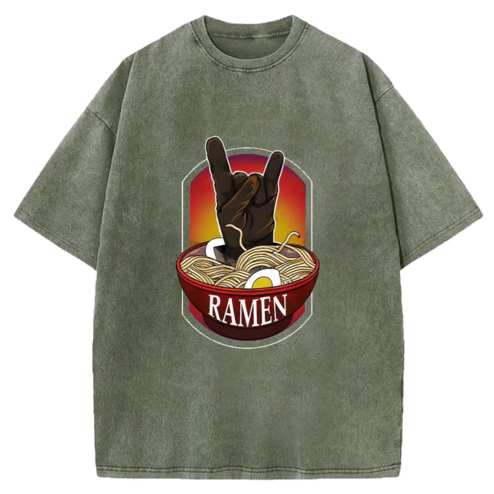 Ramen Hand Gesture Washed Crew Neck T-Shirt