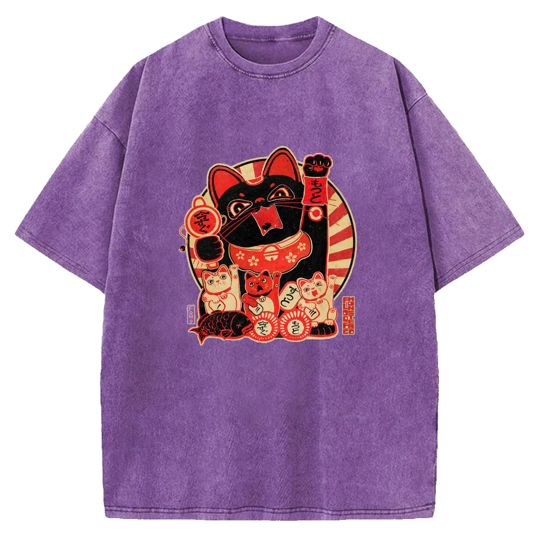 Japanese Retro Cat Washed Crew Neck T-Shirt