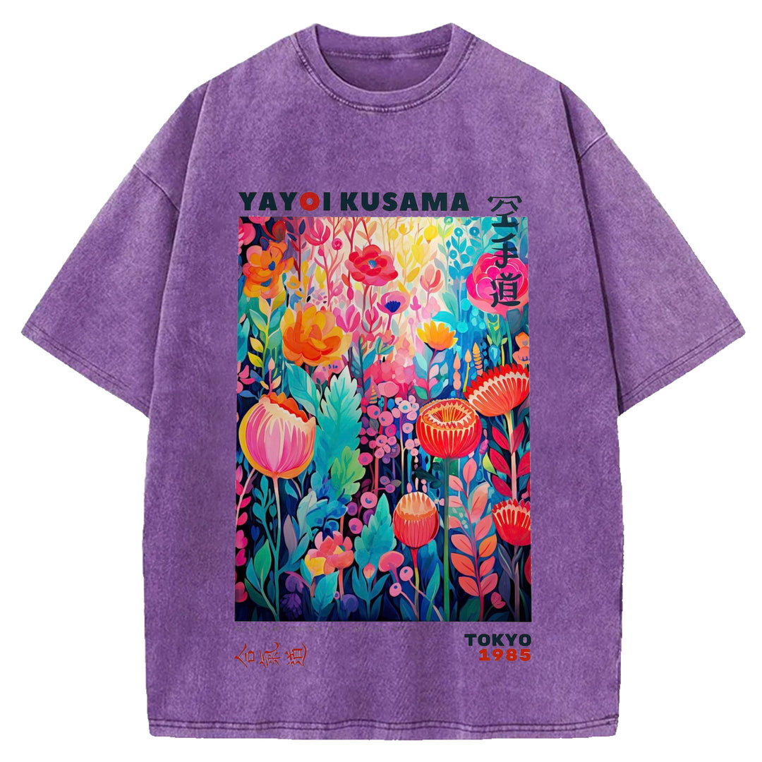 Yayoi Kusama Flower Vintage Japanese Design Washed Crew Neck T-Shirt