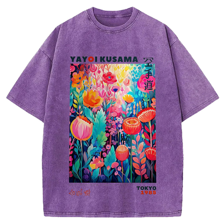 Yayoi Kusama Flower Vintage Japanese Design Washed Crew Neck T-Shirt