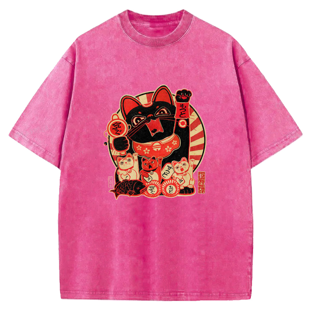 Japanese Retro Cat Washed Crew Neck T-Shirt