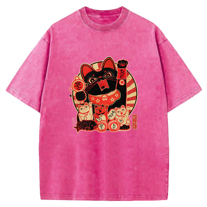 Japanese Retro Cat Washed Crew Neck T-Shirt