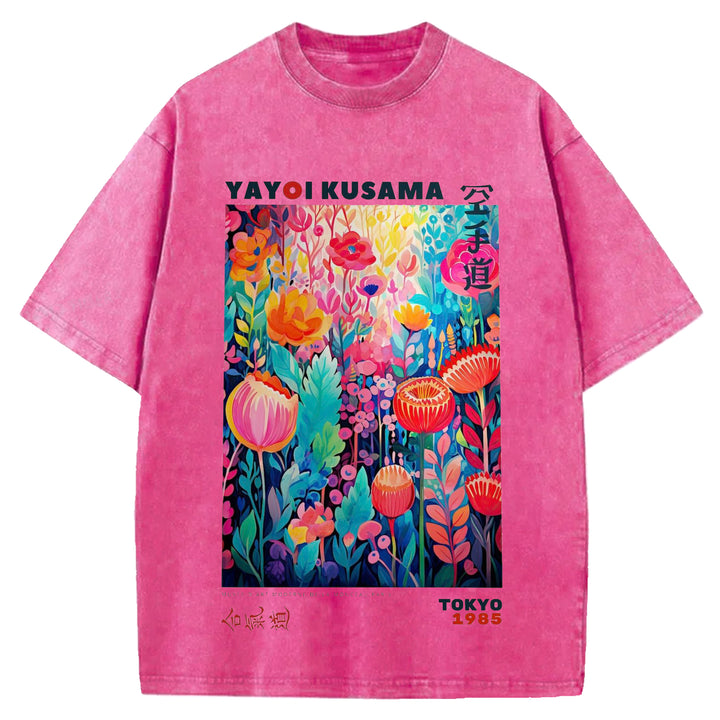 Yayoi Kusama Flower Vintage Japanese Design Washed Crew Neck T-Shirt
