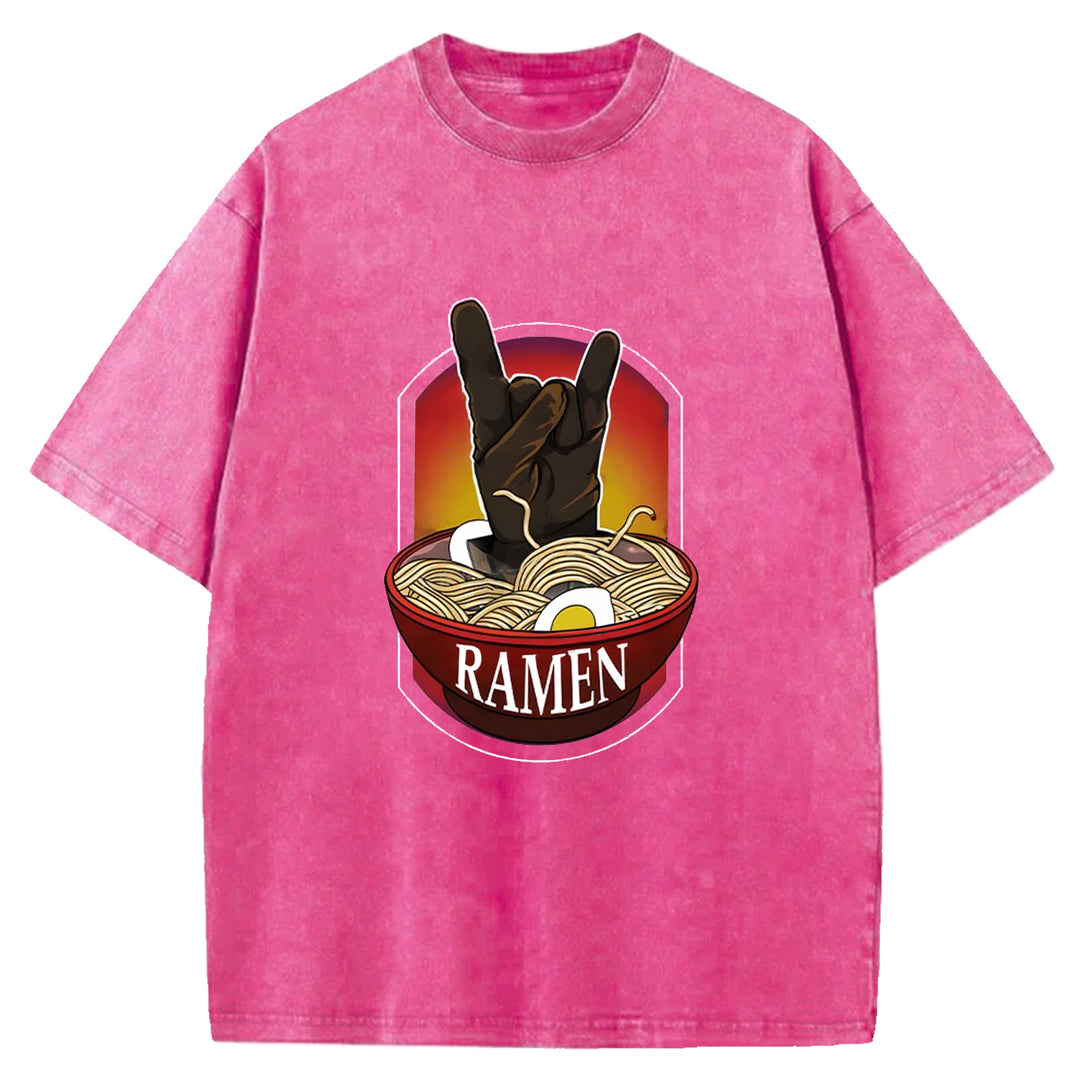 Ramen Hand Gesture Washed Crew Neck T-Shirt