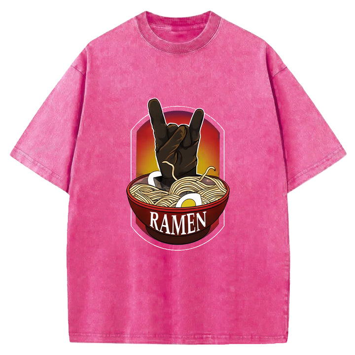 Ramen Hand Gesture Washed Crew Neck T-Shirt
