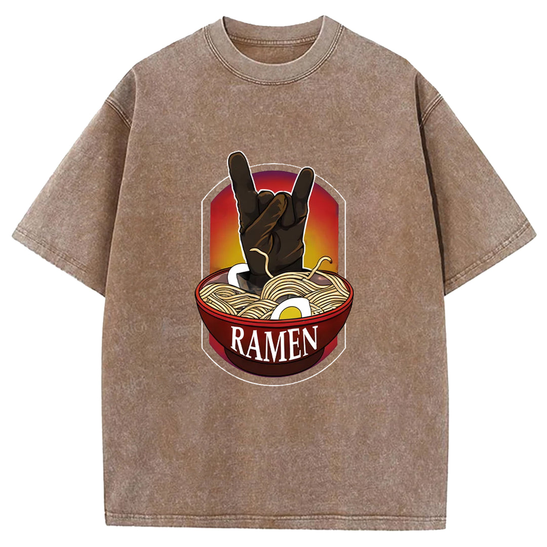 Ramen Hand Gesture Washed Crew Neck T-Shirt