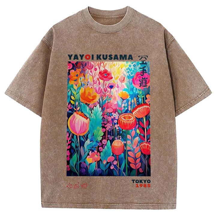 Yayoi Kusama Flower Vintage Japanese Design Washed Crew Neck T-Shirt