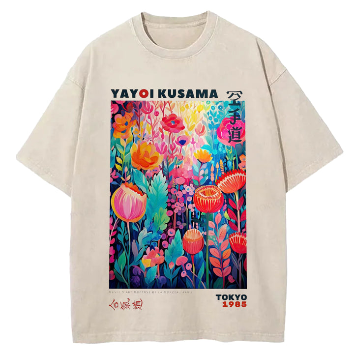 Yayoi Kusama Flower Vintage Japanese Design Washed Crew Neck T-Shirt