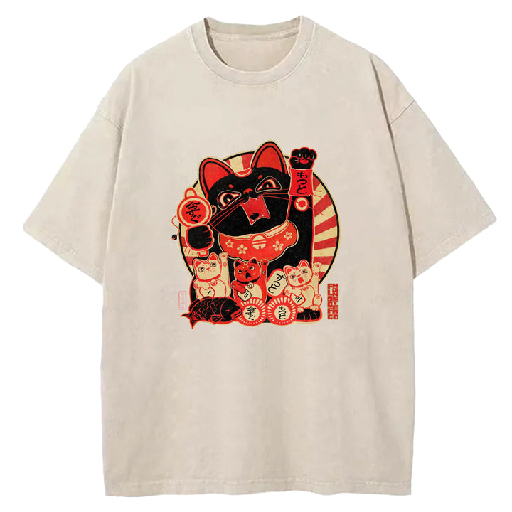Japanese Retro Cat Washed Crew Neck T-Shirt