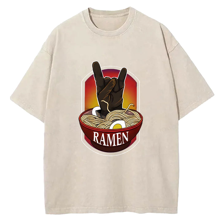 Ramen Hand Gesture Washed Crew Neck T-Shirt