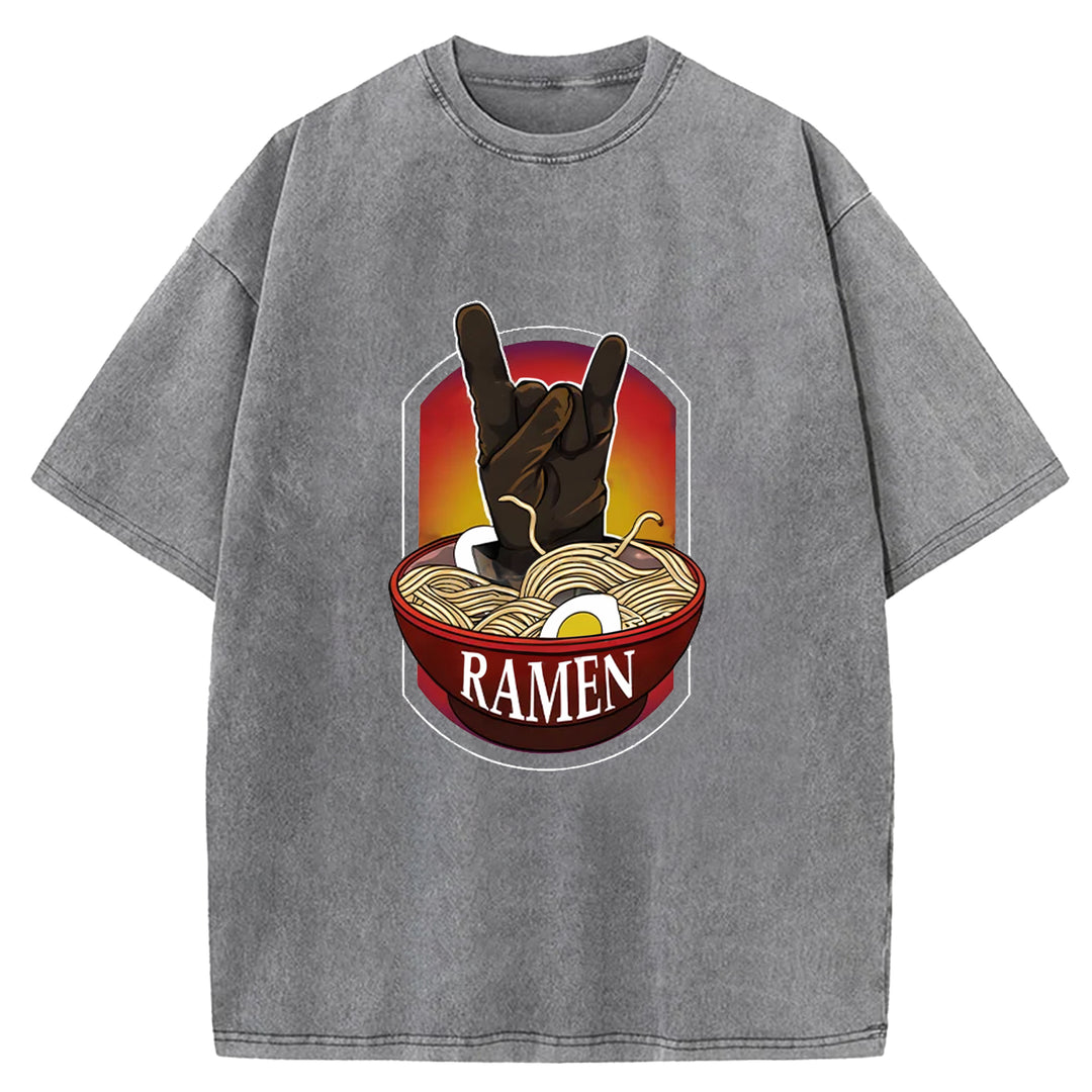 Ramen Hand Gesture Washed Crew Neck T-Shirt