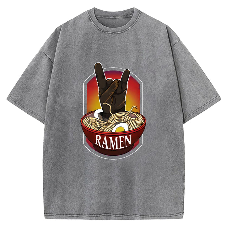 Ramen Hand Gesture Washed Crew Neck T-Shirt
