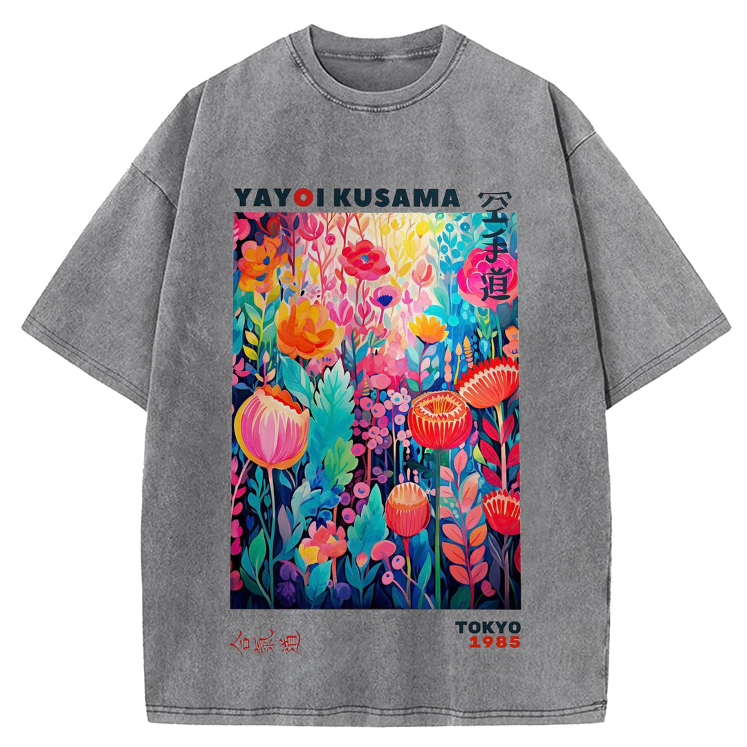 Yayoi Kusama Flower Vintage Japanese Design Washed Crew Neck T-Shirt