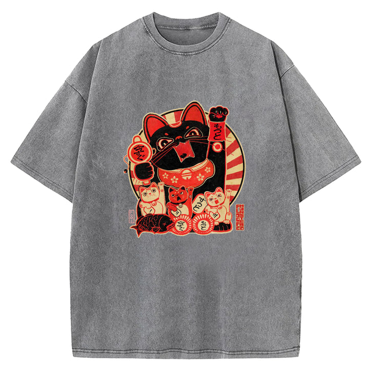 Japanese Retro Cat Washed Crew Neck T-Shirt