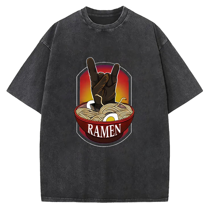 Ramen Hand Gesture Washed Crew Neck T-Shirt