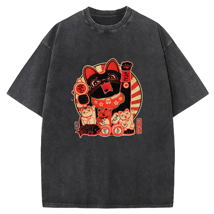 Japanese Retro Cat Washed Crew Neck T-Shirt