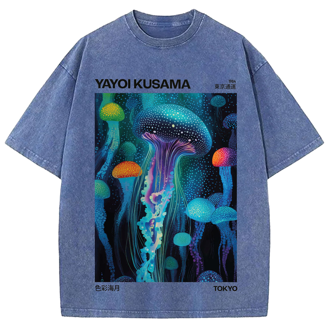 Yayoi Kusama Jellyfish Vintage Design Washed Crew Neck T-Shirt