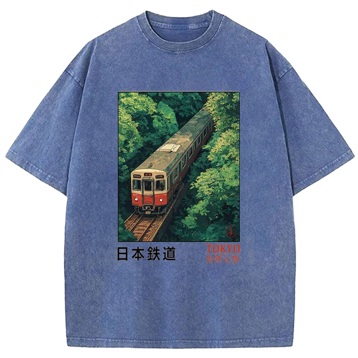 Japan Trains In The Natural Journey Washed Crew Neck T-Shirt