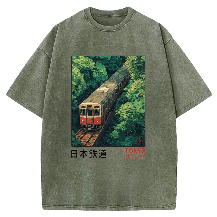 Japan Trains In The Natural Journey Washed Crew Neck T-Shirt
